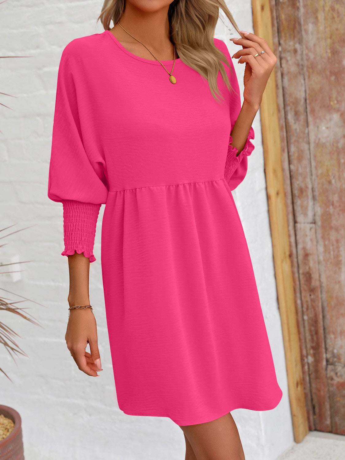 Round Neck Lantern Sleeve Mini Dress - Hot Pink / S