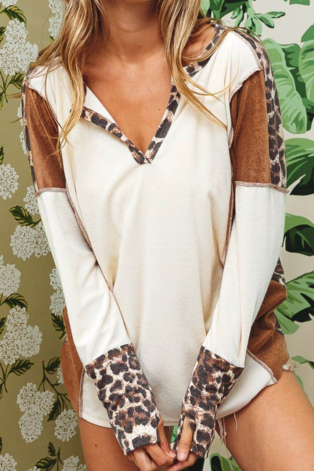 Leopard V-Neck Dropped Shoulder Blouse White for a perfect OOTD – dress to impress outfits from Amexza