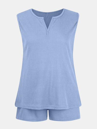 Full Size Waffle-Knit Notched Top and Shorts Set Light Blue for a perfect OOTD – dress to impress outfits from Amexza