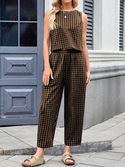 Lovelet Plaid Round Neck Sleeveless Top and Pants Set - Amexza