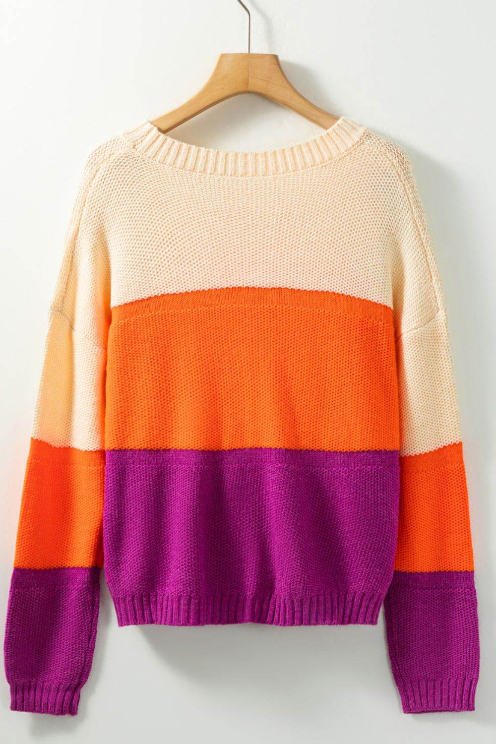 Color Block Drop Shoulder Round Neck Sweater - Amexza