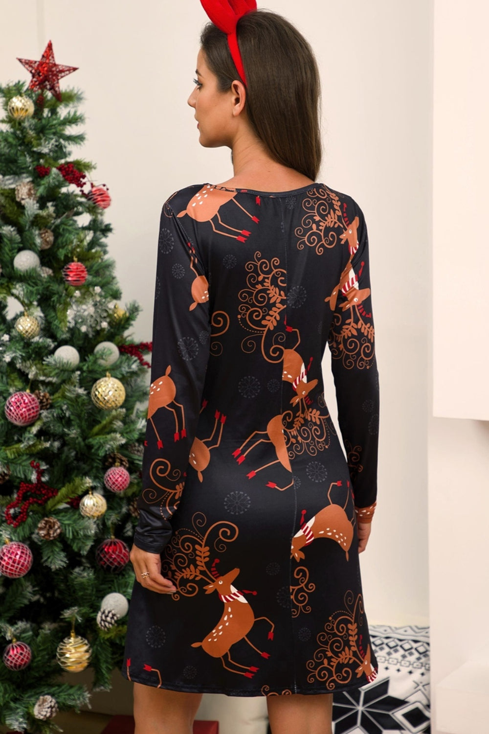 Full Size Christmas Long Sleeve Dress - Coral / S