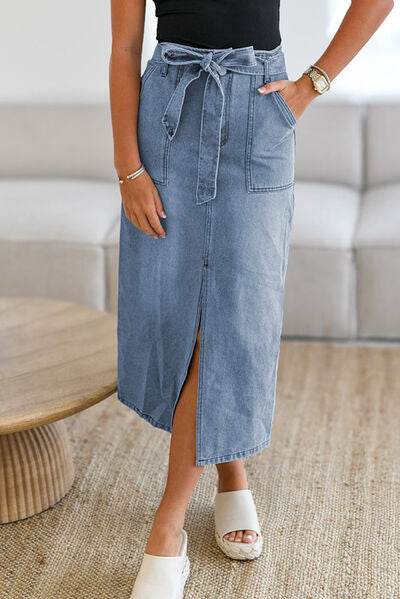 Tied Slit Denim Skirt Medium for a perfect OOTD – dress to impress outfits from Amexza