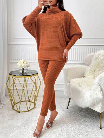 Turtleneck Batwing Sleeve Top and Pants Set - Amexza