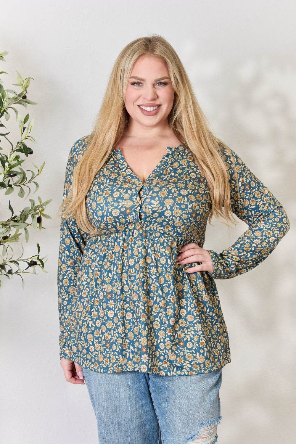 Heimish Full Size Floral Half Button Long Sleeve Blouse - Amexza