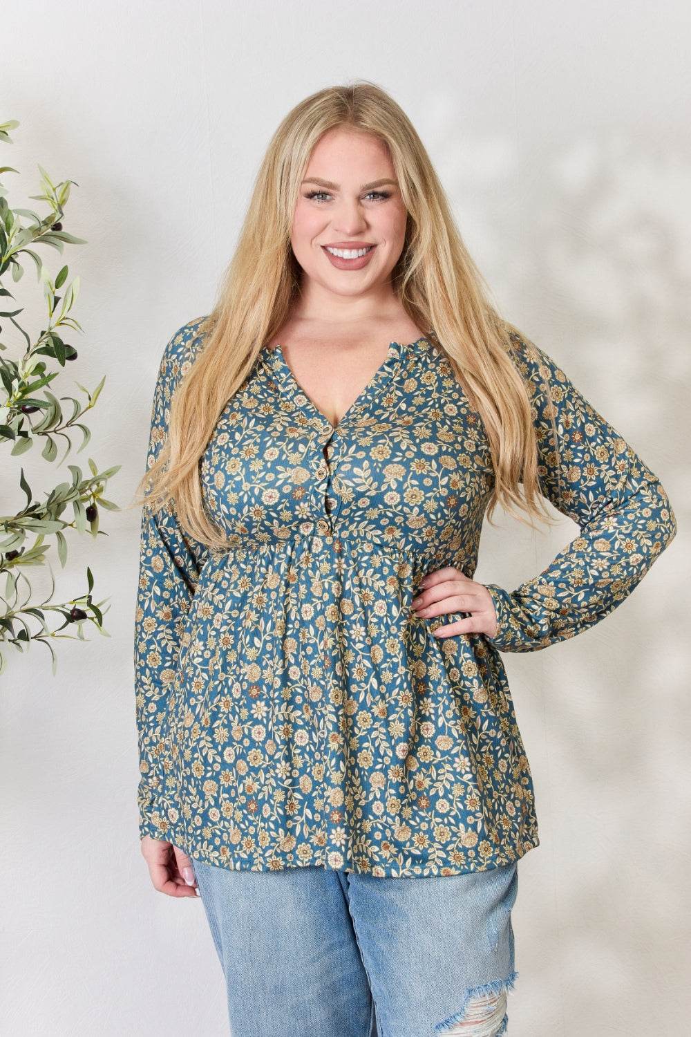 Heimish Full Size Floral Half Button Long Sleeve Blouse for a perfect OOTD – dress to impress outfits from Amexza
