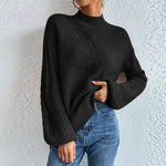 Cable-Knit Mock Neck Long Sleeve Sweater Black for a perfect OOTD – dress to impress outfits from Amexza