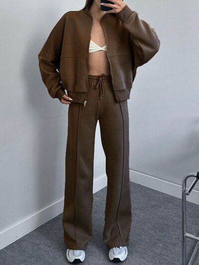 Baseball Collar Zip Up Top and Drawstring Paants Set for a perfect OOTD – dress to impress outfits from Amexza