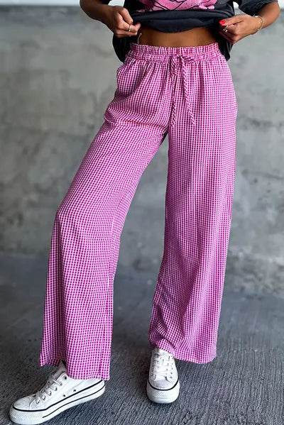 Plaid Wide Leg Pants with Pockets Fuchsia Pink for a perfect OOTD – dress to impress outfits from Amexza