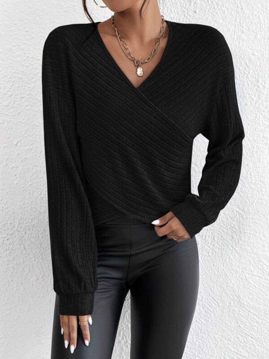 Surplice Dropped Shoulder Long Sleeve T-Shirt - Amexza
