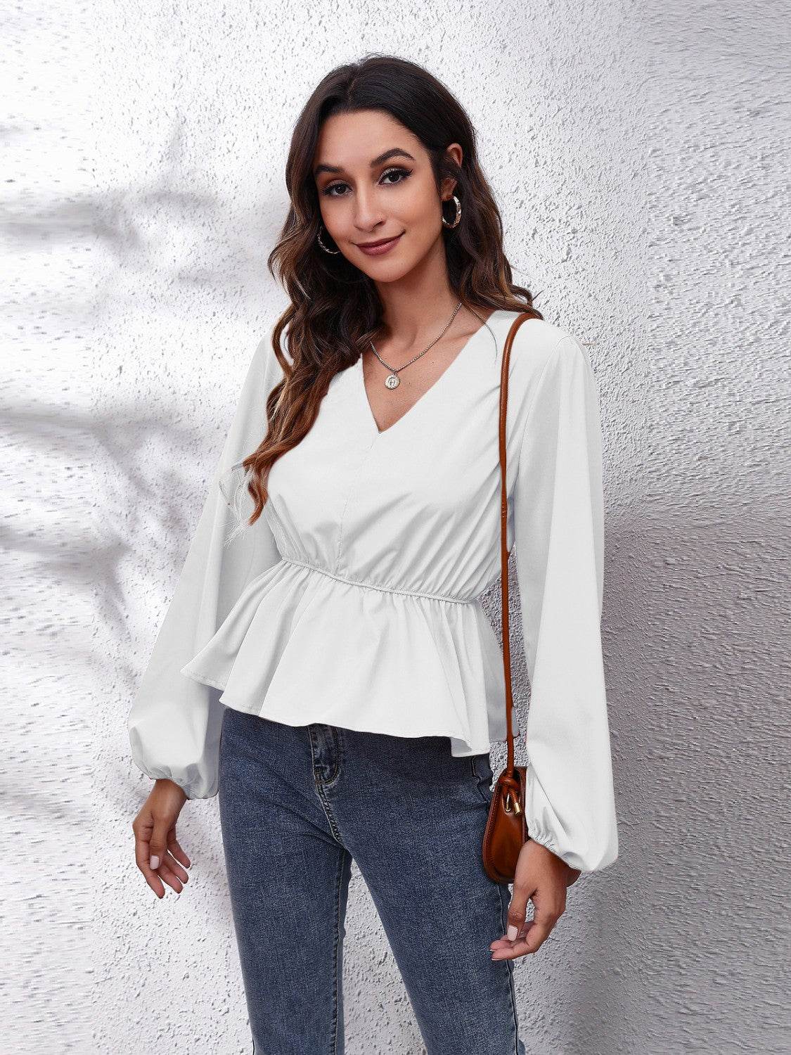 V-Neck Balloon Sleeve Peplum Blouse White for a perfect OOTD – dress to impress outfits from Amexza