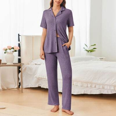 Button Down Long Sleeve Top and Pants Lounge Set - Amexza