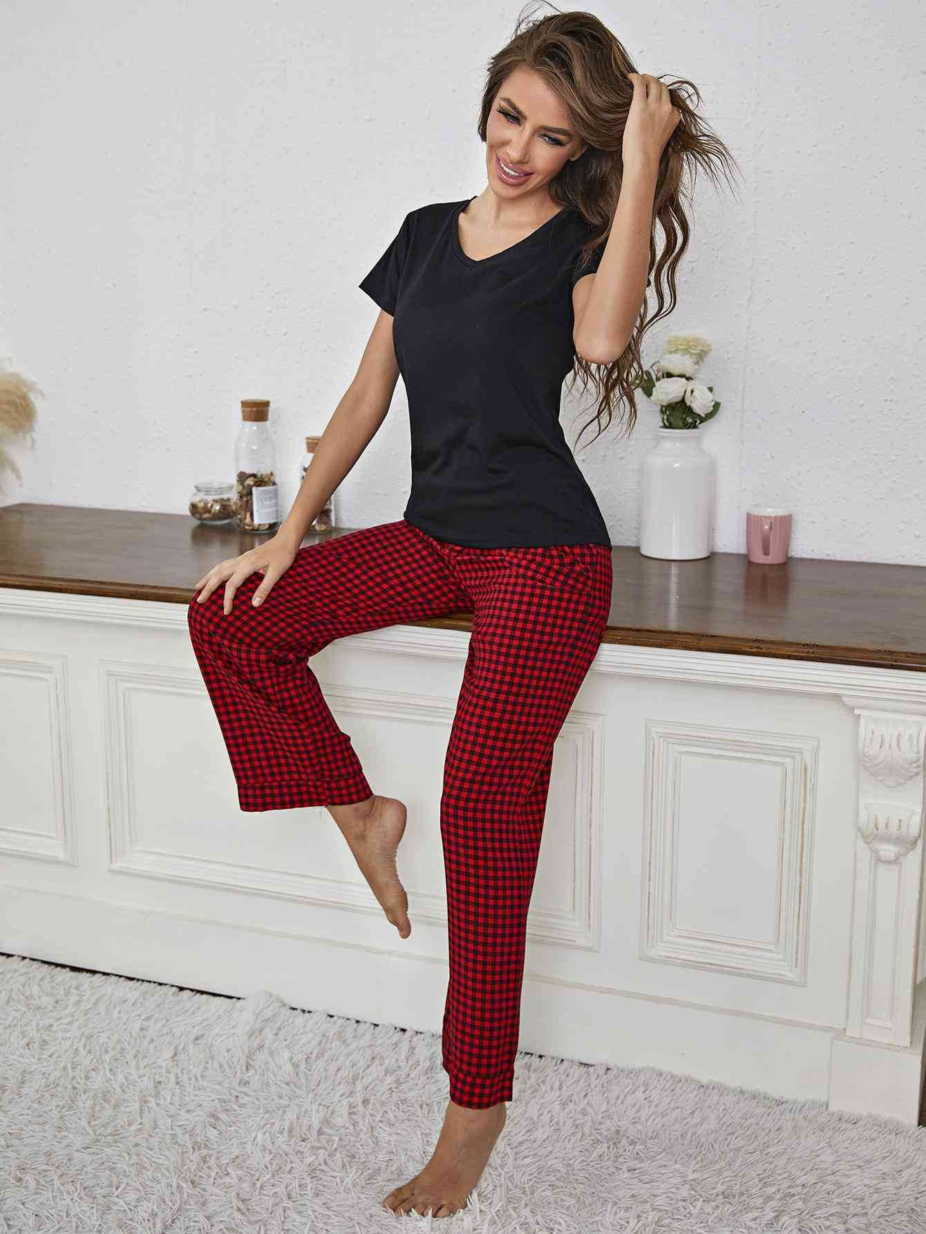 V-Neck Top and Gingham Pants Lounge Set - Amexza