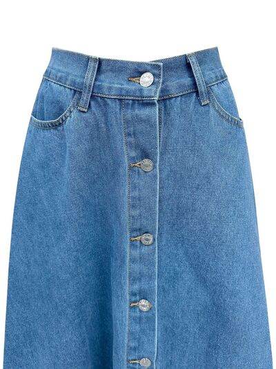 Buttoned Midi Denim Skirt with Pockets - Amexza