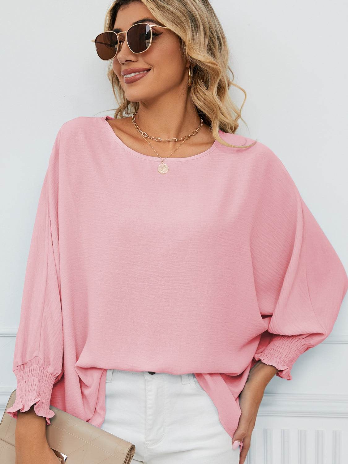 Smocked Lantern Sleeve Round Neck Blouse for a perfect OOTD – dress to impress outfits from Amexza