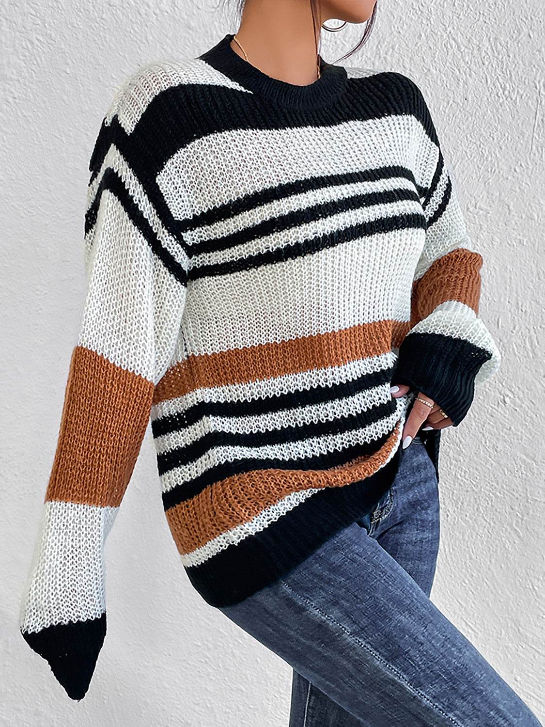 Striped Round Neck Sweater - Amexza