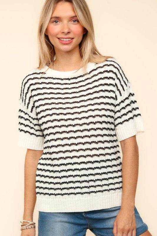 Haptics Openwork Striped Round Neck Half Sleeve Knit Top for a perfect OOTD – dress to impress outfits from Amexza