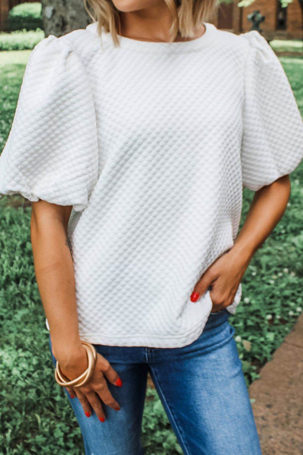 Textured Round Neck Puff Sleeve Blouse White for a perfect OOTD – dress to impress outfits from Amexza