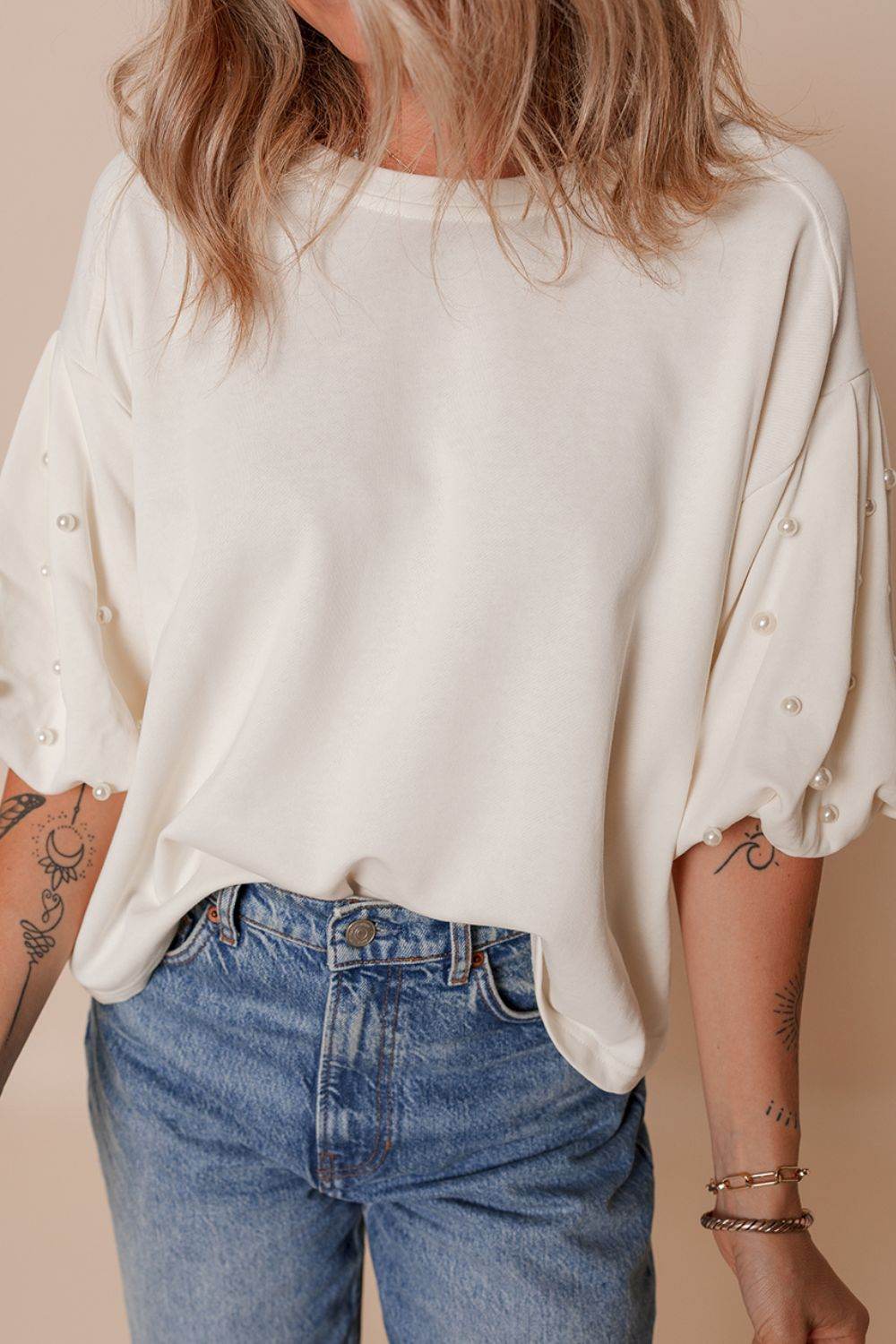 Pearl Detail Round Neck Half Sleeve Blouse for a perfect OOTD – dress to impress outfits from Amexza