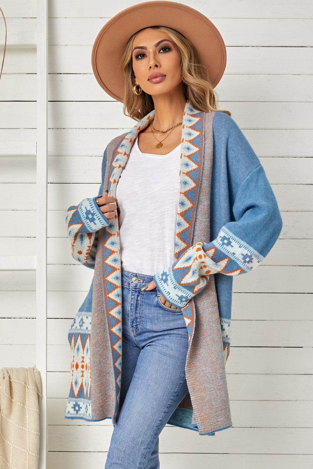 Geometric Open Front Long Sleeve Cardigan for a perfect OOTD – dress to impress outfits from Amexza