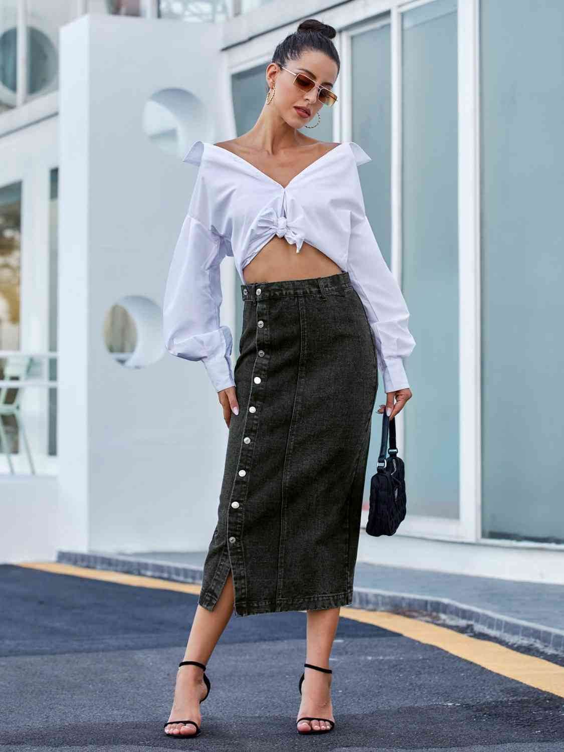 Button Down Denim Skirt - Amexza