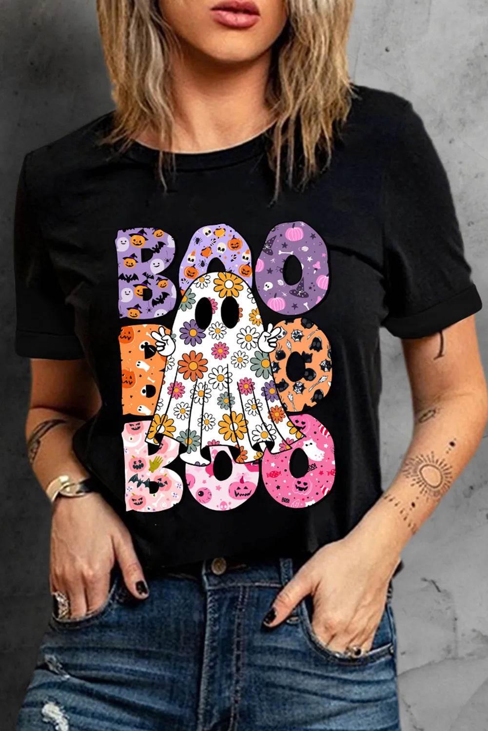 BOO Ghost Graphic Round Neck Short Sleeve T-Shirt for a perfect OOTD – dress to impress outfits from Amexza