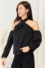 Perfee Grecian Cold Shoulder Long Sleeve Blouse - Amexza