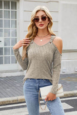 Ribbed Cold Shoulder Long Sleeve Top - Amexza