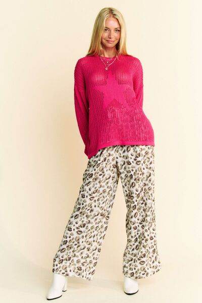 Davi & Dani Drawstring Leopard Wide Leg Pants - Amexza