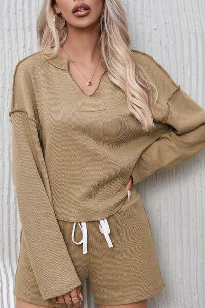 Exposed Seam Long Sleeve Top and Drawstring Shorts Set Mocha for a perfect OOTD – dress to impress outfits from Amexza