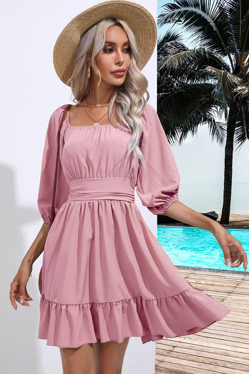 Square Neck Tie Back Ruffle Hem Dress - Amexza