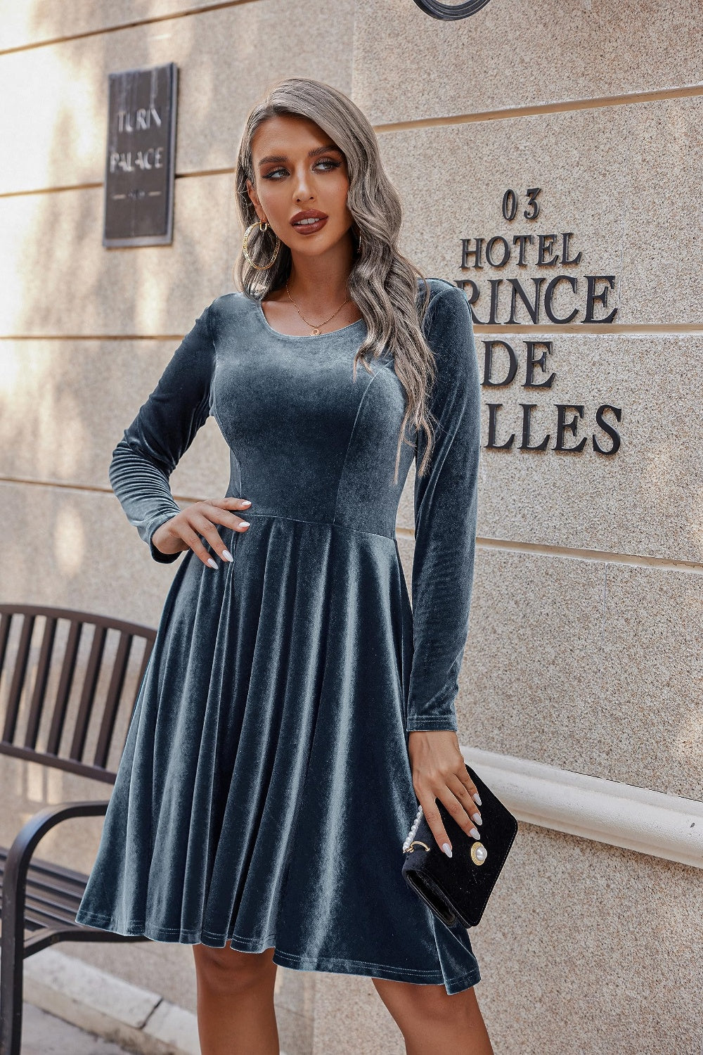 Round Neck Long Sleeve Knee Length Dress