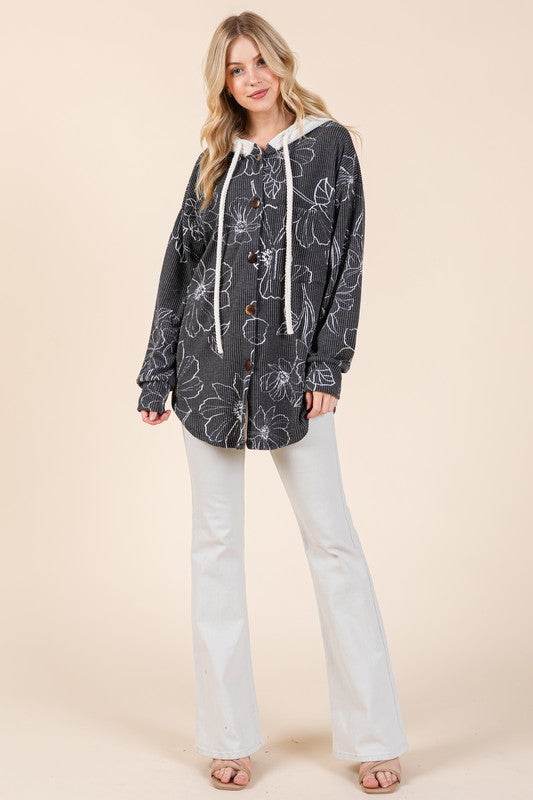 BOMBOM Drawstring Flower Print Button Up Shacket for a perfect OOTD – dress to impress outfits from Amexza