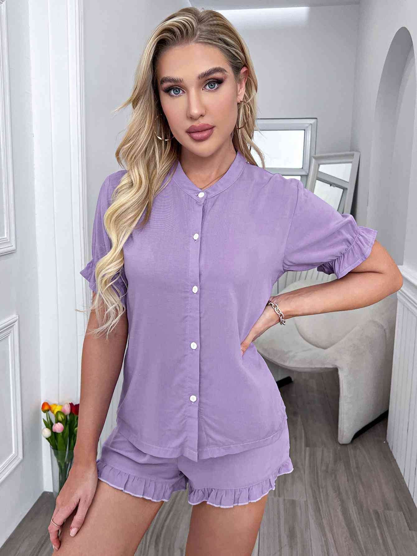 Flounce Sleeve Shirt and Frill Trim Shorts Lounge Set Purple for a perfect OOTD – dress to impress outfits from Amexza