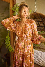 Mittoshop Flower Print Satin Lurex Stripe Smocked Midi Dress Terracotta for a perfect OOTD – dress to impress outfits from Amexza