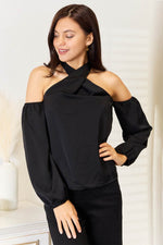 Perfee Grecian Cold Shoulder Long Sleeve Blouse - Amexza