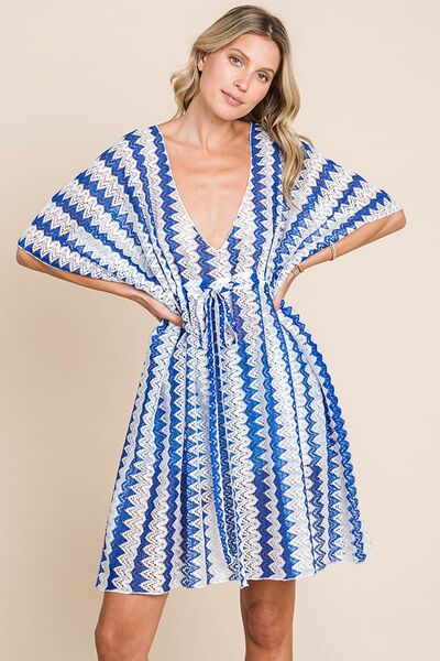 Cotton Bleu by Nu Lab Tied Striped Plunge Half Sleeve Cover-Up Royal Blue for a perfect OOTD – dress to impress outfits from Amexza