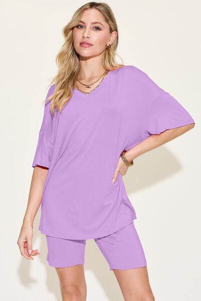 Basic Bae Bamboo Full Size V-Neck Drop Shoulder T-Shirt and Shorts Set Lavender for a perfect OOTD – dress to impress outfits from Amexza