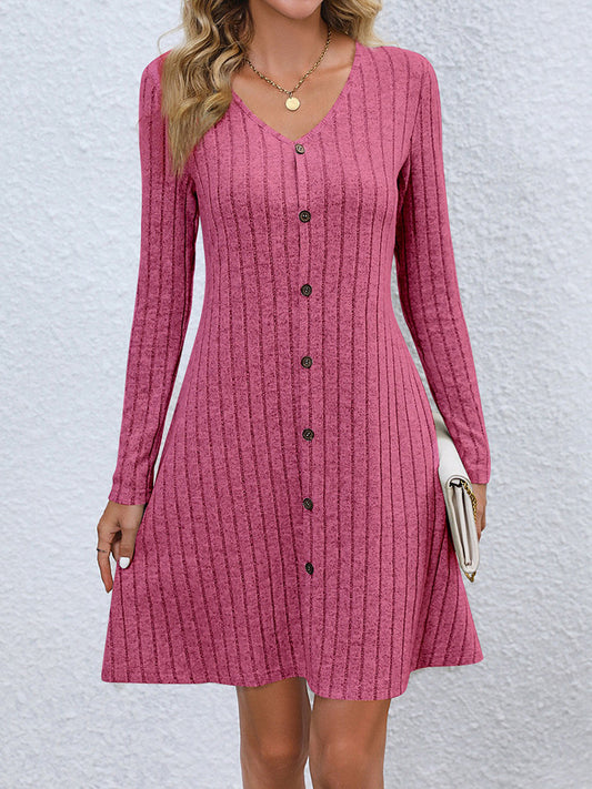 V-Neck Long Sleeve Mini Dress - Hot Pink / S