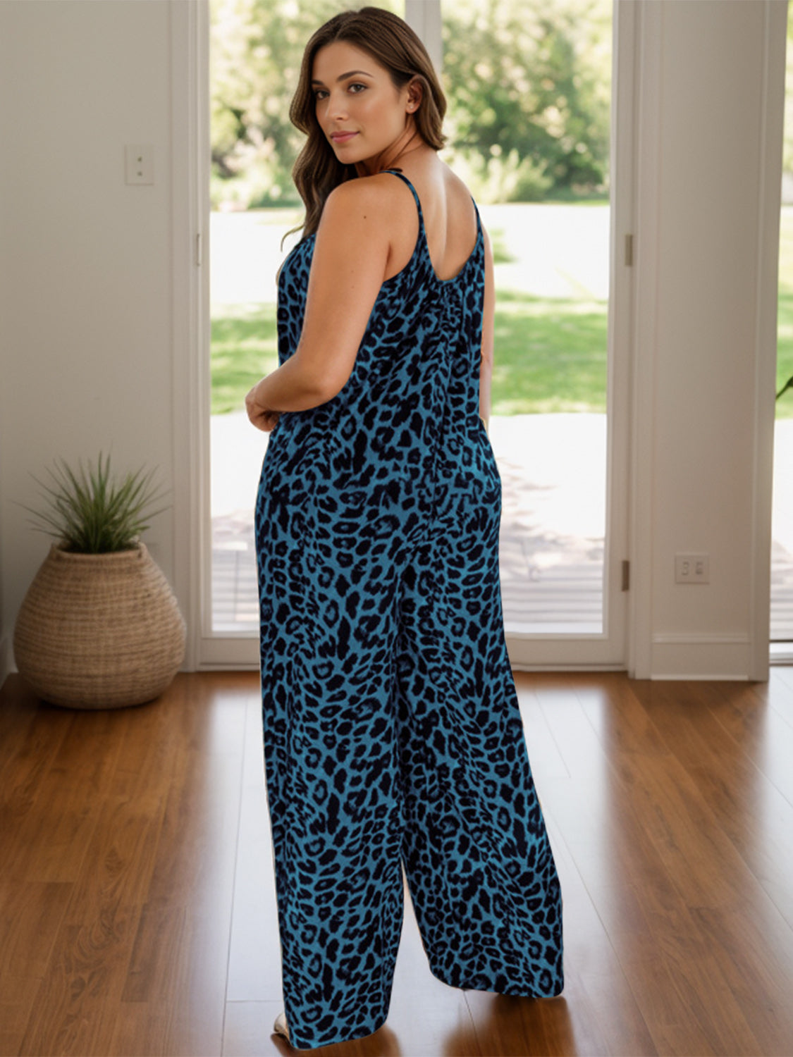 Full Size Leopard Scoop Neck Wide Leg Jumpsuit Deep Teal for a perfect OOTD – dress to impress outfits from Amexza