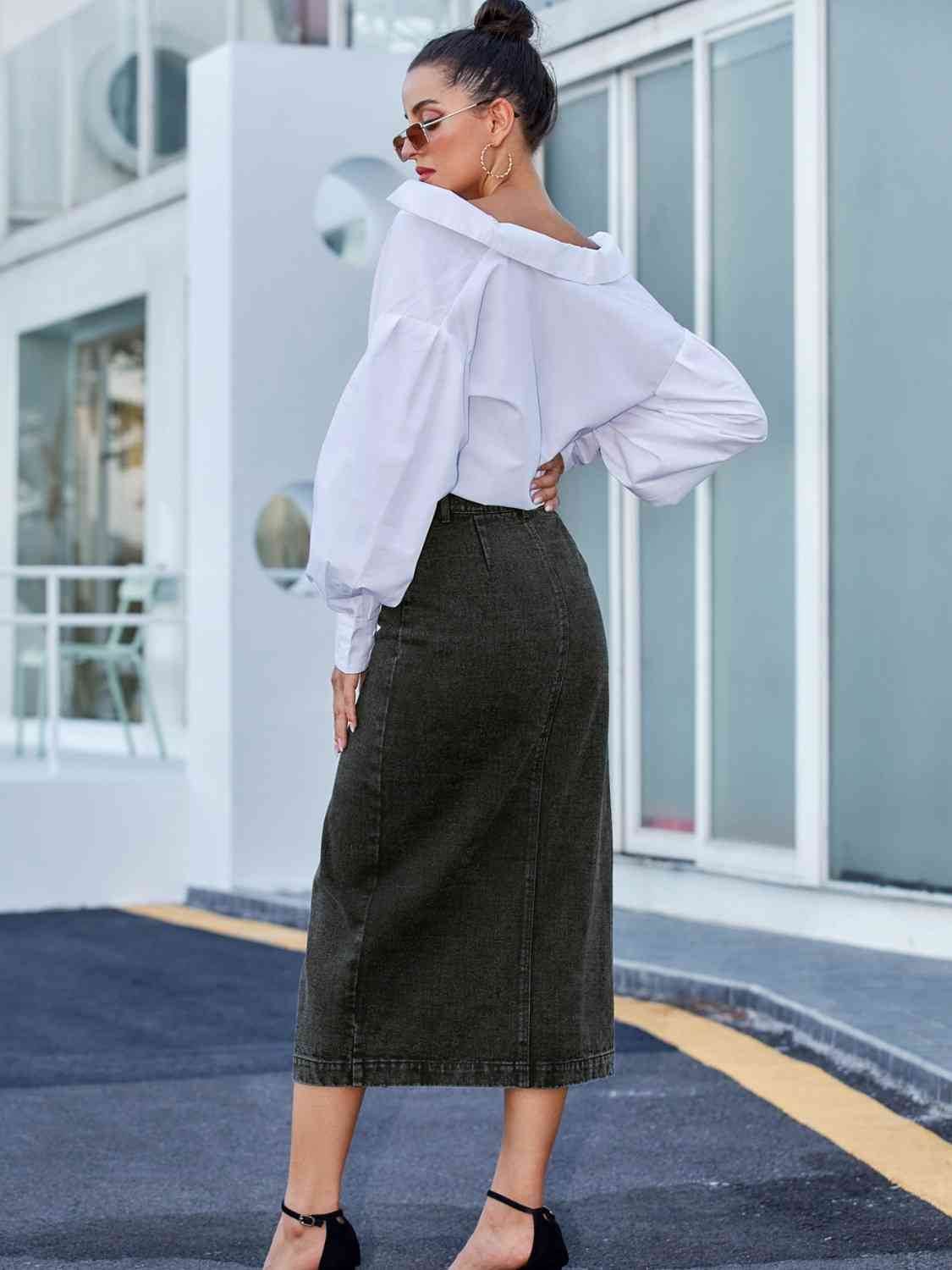 Button Down Denim Skirt - Amexza