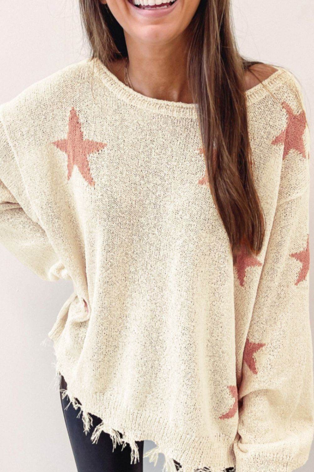 Contrast Star Raw Hem Long Sleeve Knit Top - Amexza