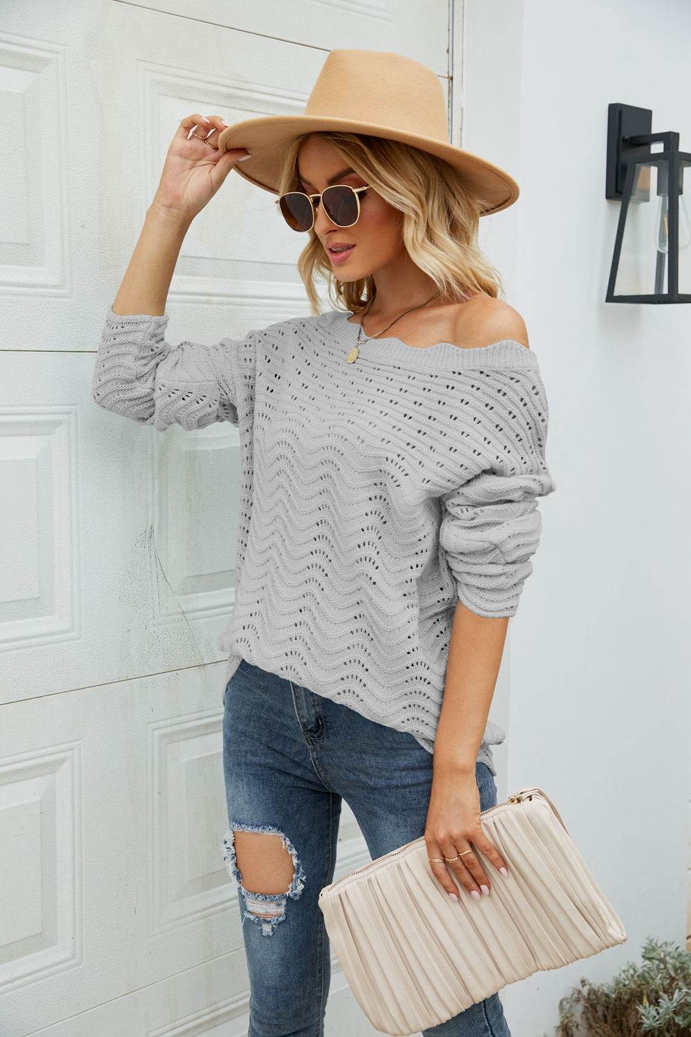 Woven Right Scalloped Boat Neck Openwork Tunic Sweater for a perfect OOTD – dress to impress outfits from Amexza