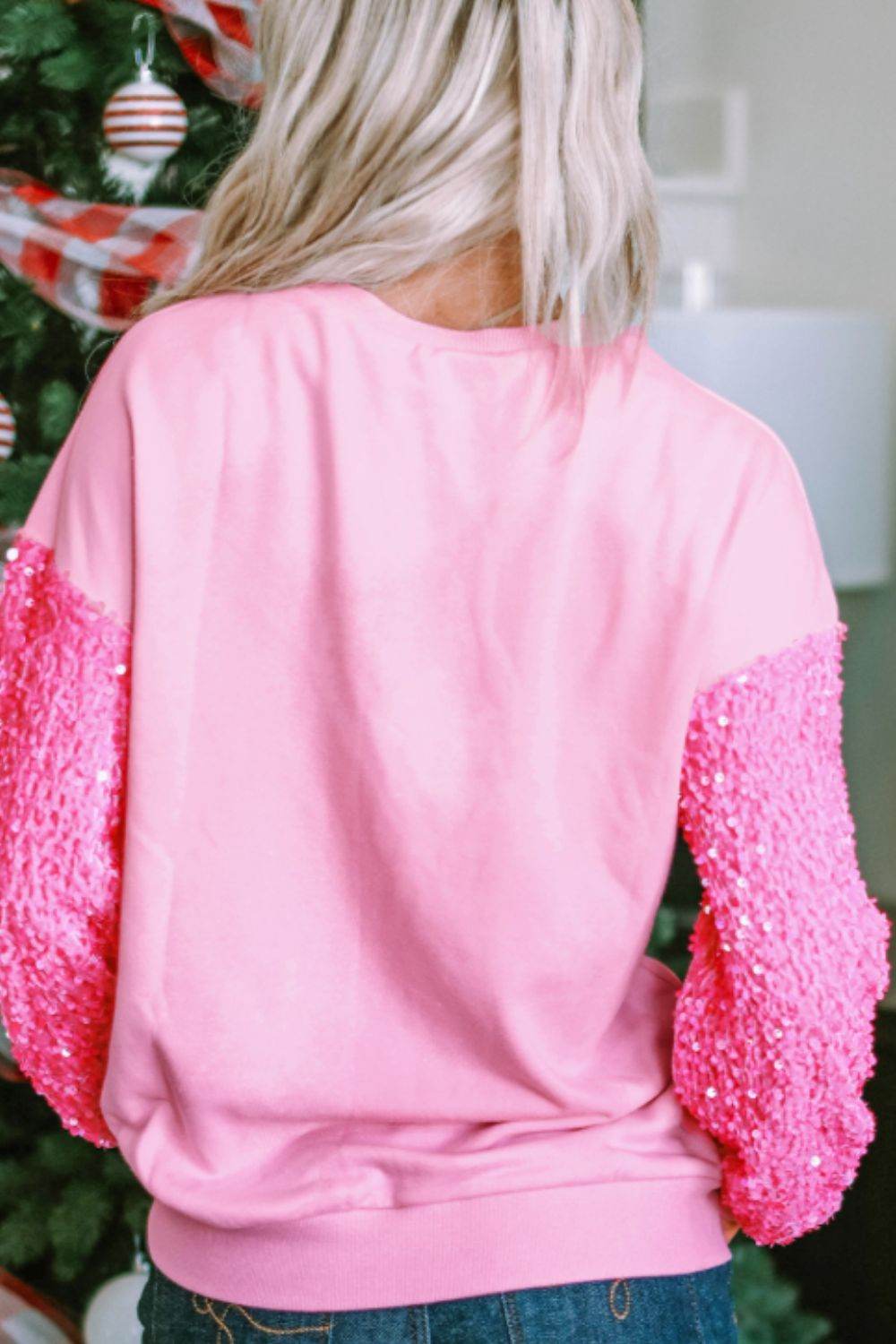 Valentine’s Day Sequin Heart Long Sleeve Sweatshirt - Amexza