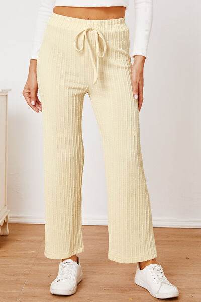 Textured Elastic Waist Straight Pants Light Yellow for a perfect OOTD – dress to impress outfits from Amexza