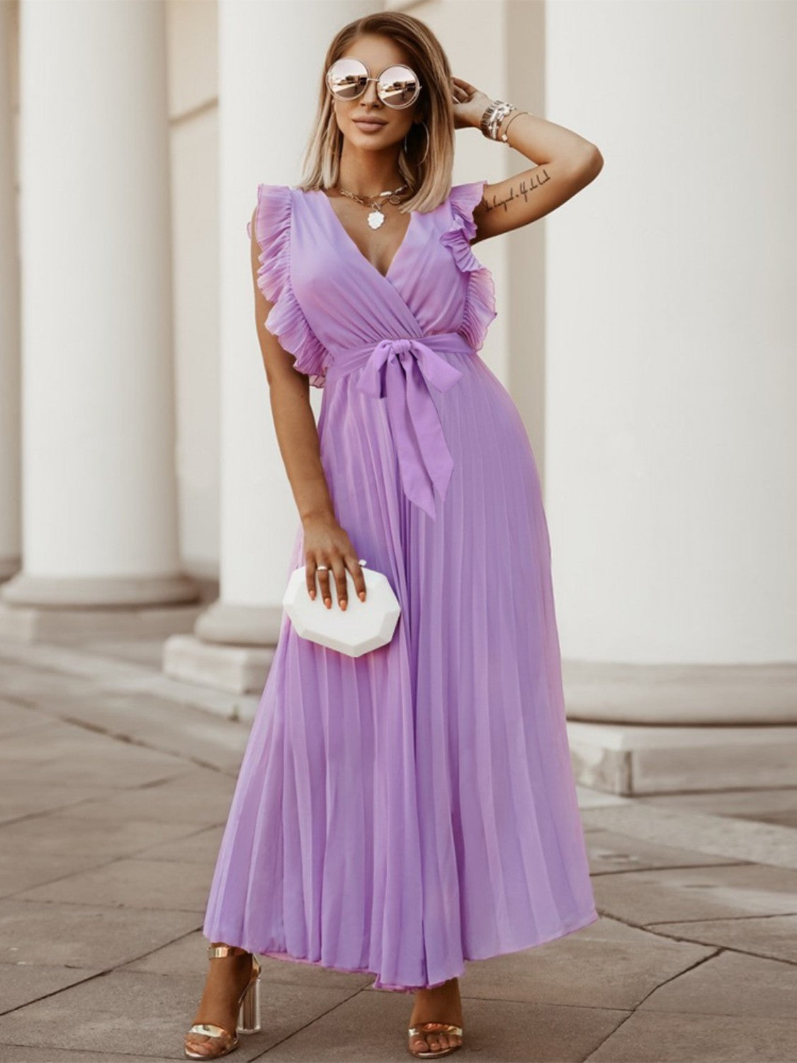 Tied Surplice Cap Sleeve Pleated Dress - Lavender / S