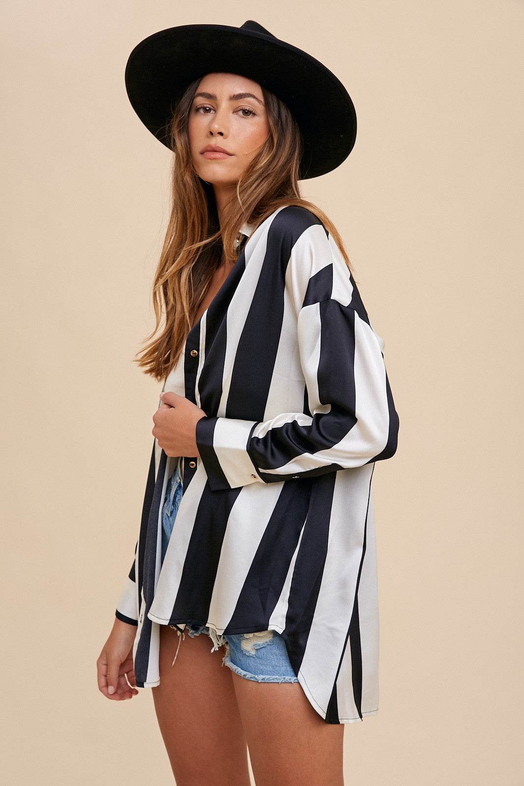 Annie Wear Striped Dropped Shoulder Button Up Shirt for a perfect OOTD – dress to impress outfits from Amexza