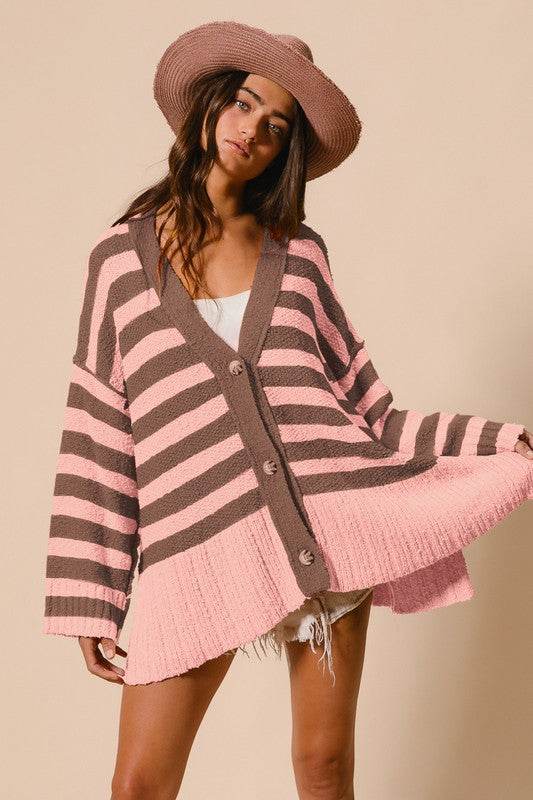 BiBi Slit Striped V-Neck Button Up Cardigan Blush Pink for a perfect OOTD – dress to impress outfits from Amexza