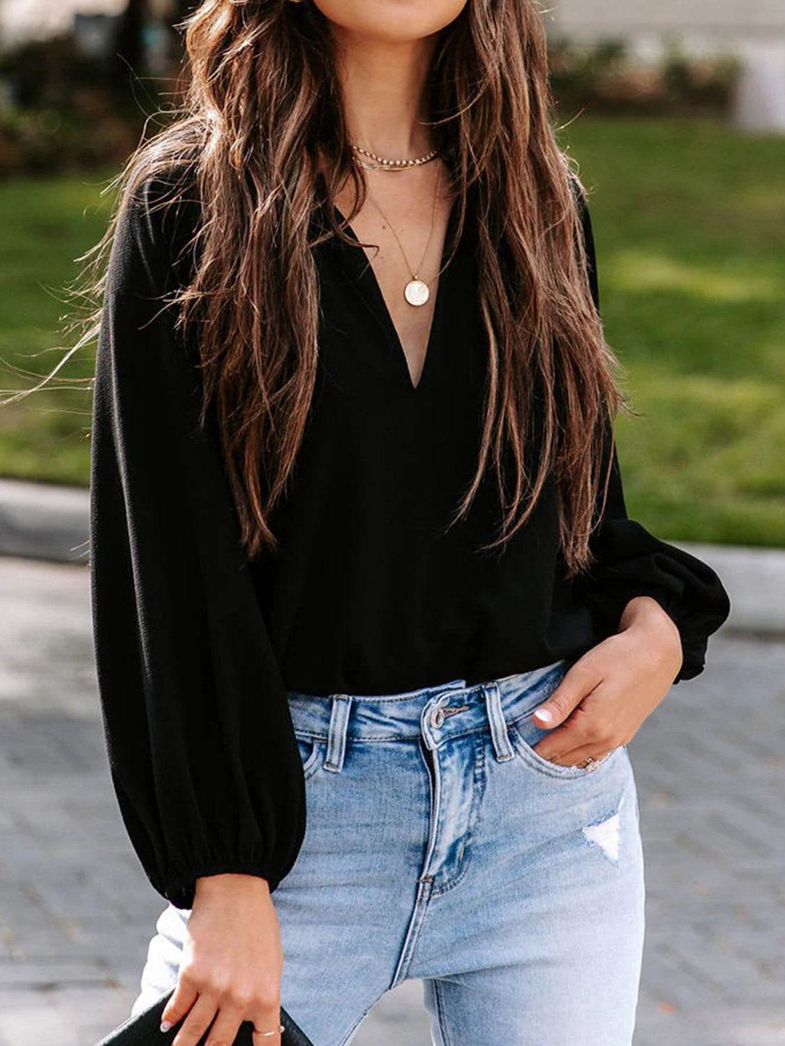 Notched Neck Long Sleeve Blouse Black for a perfect OOTD – dress to impress outfits from Amexza