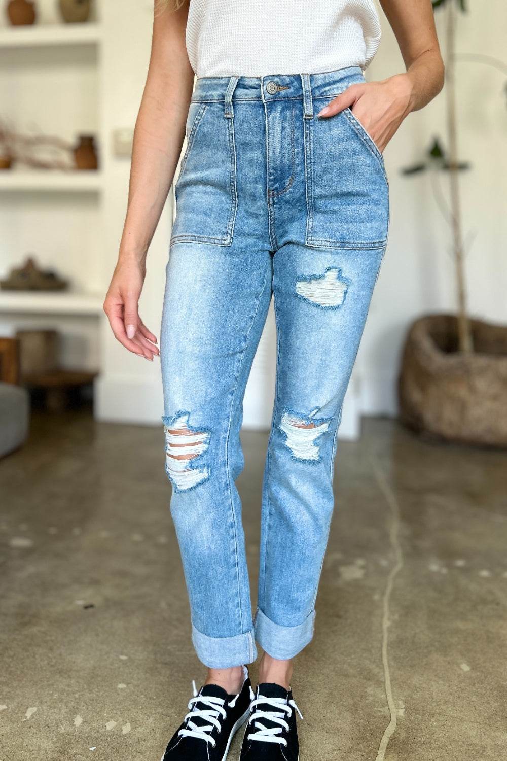 Judy Blue Full Size Distressed Straight Jeans with Patch Pockets for a perfect OOTD – dress to impress outfits from Amexza